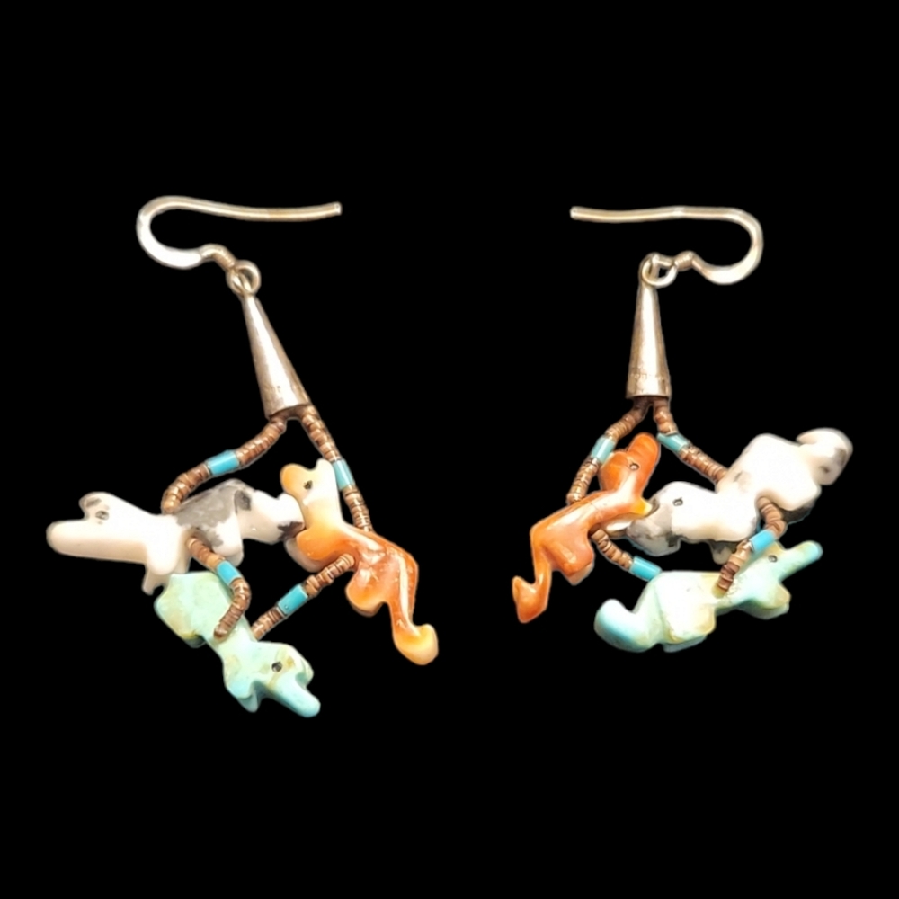 VINTAGE ZUNI NATIVE AMERICAN HESHI BEADED TURQUOISE FETISH DANGLE EARRINGS